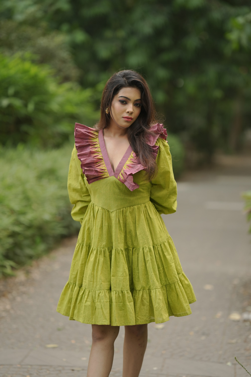 Parrot Green Frill Dress – Customizable Elegance by Kotha