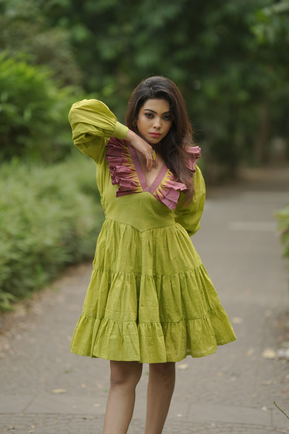 Parrot Green Frill Dress – Customizable Elegance by Kotha - Image 8