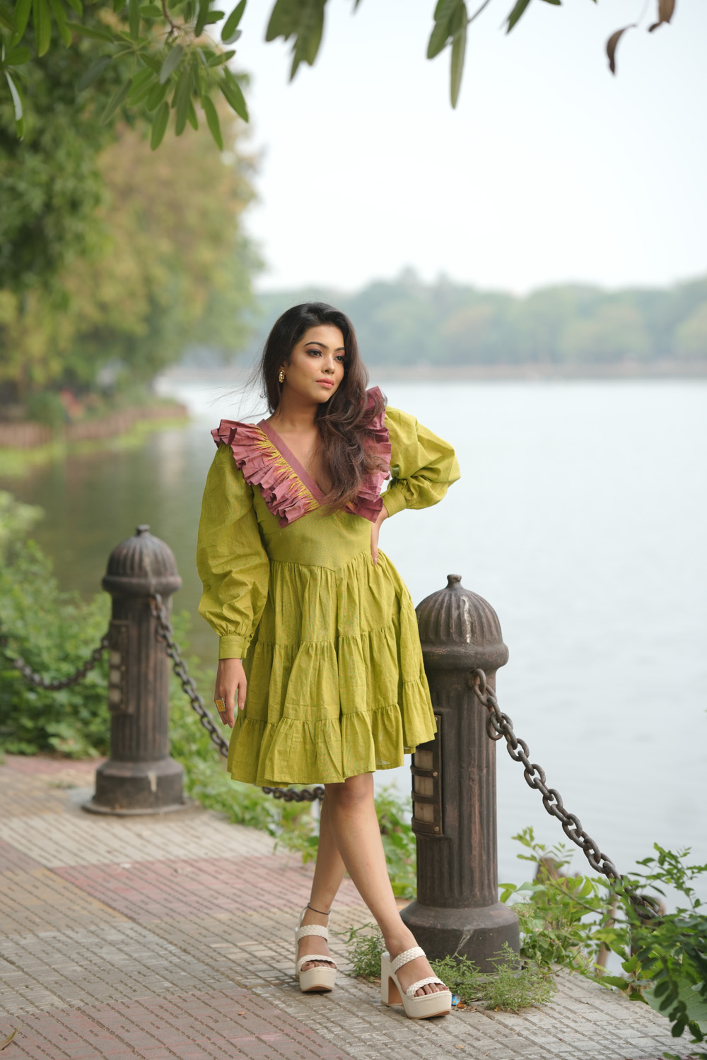 Parrot Green Frill Dress – Customizable Elegance by Kotha - Image 2