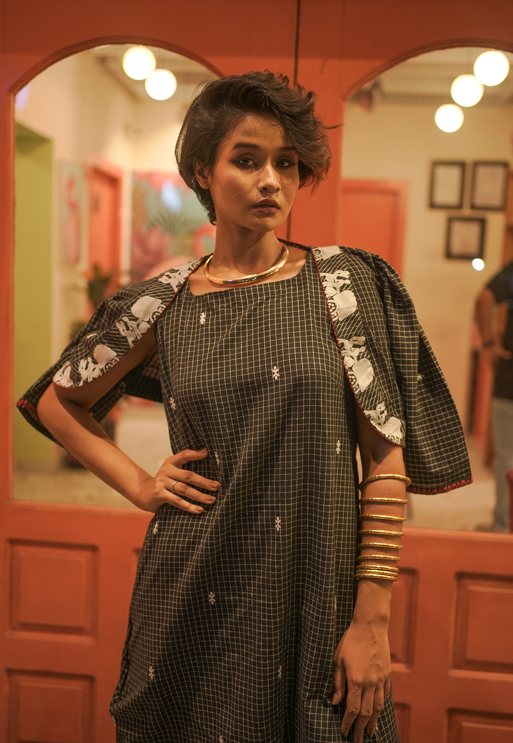 Black Checks Dress with Crop Jacket - Image 2