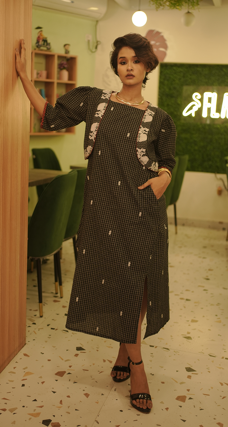 Black Checks Dress with Crop Jacket